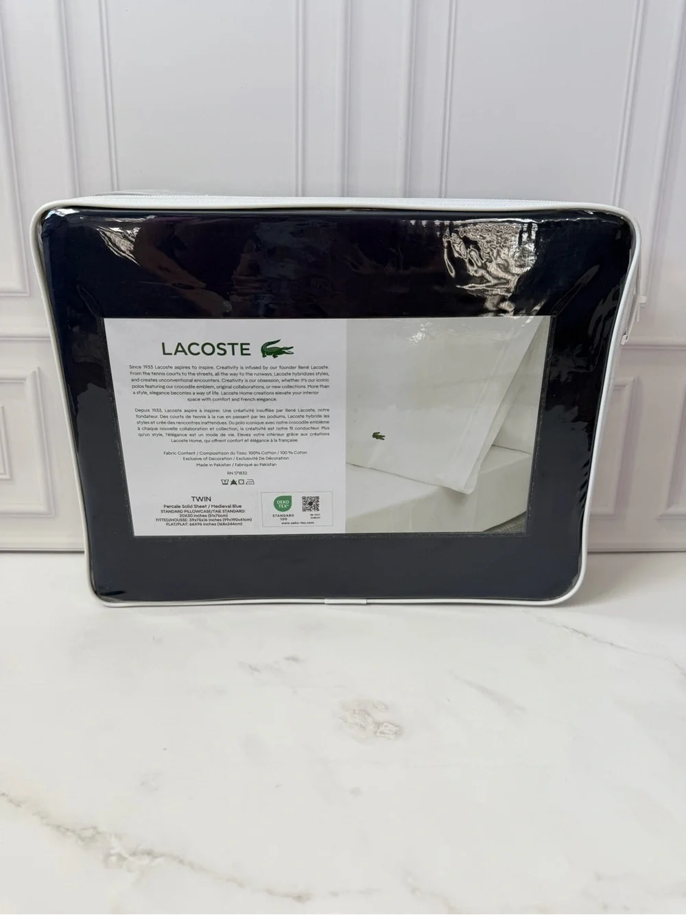 Lacoste Twin Sheet Set 3 Piece 100% Cotton Percale Medieval Blue Crocodile